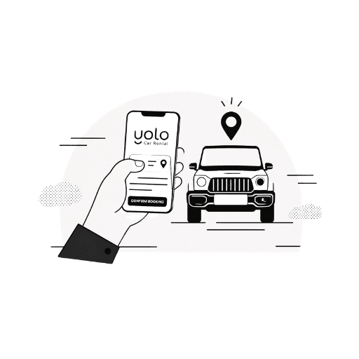 A Yolo booking screen beside a car with a location pin